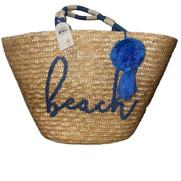 Mud Pie Handbags - Mud Pie Navy Beach Straw Tote Bag with Pom Pom